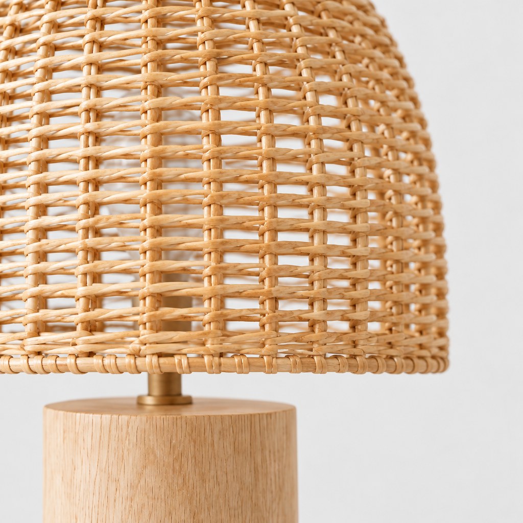 Close up of the rattan weave and timber base of the Noosa table lamp