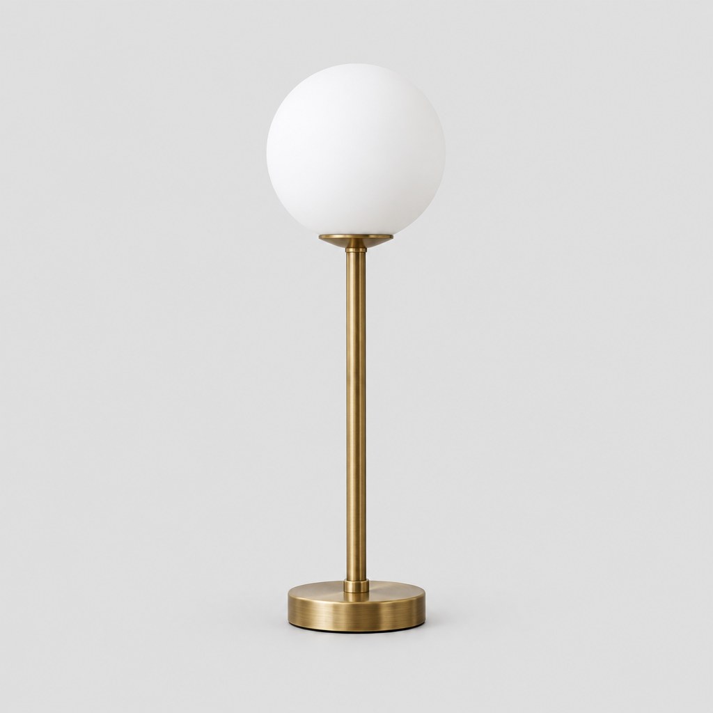 Elwood metal table lamp with glass globe shade, front view