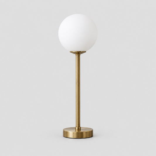 Elwood metal table lamp with glass globe shade, front view
