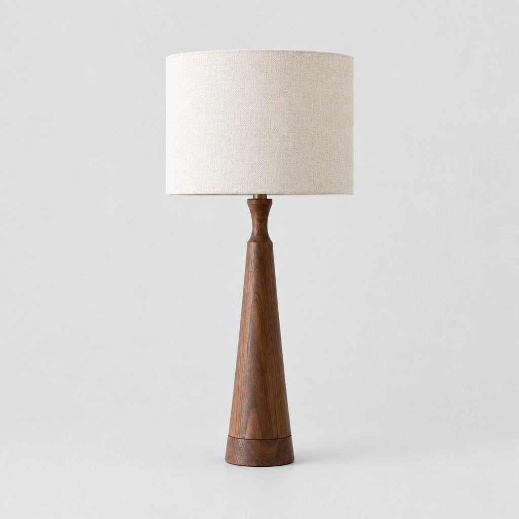 Harlow timber table lamp with fabric drum shade, front view
