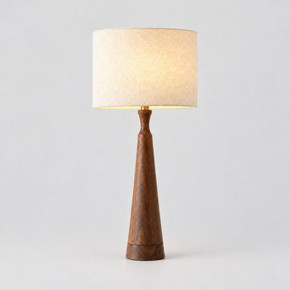 Harlow timber table lamp switched on, three quarter view