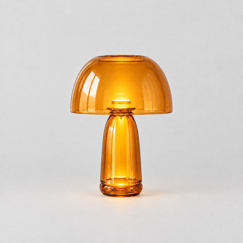 Lumi glass mushroom lamp switched on, three quarter view