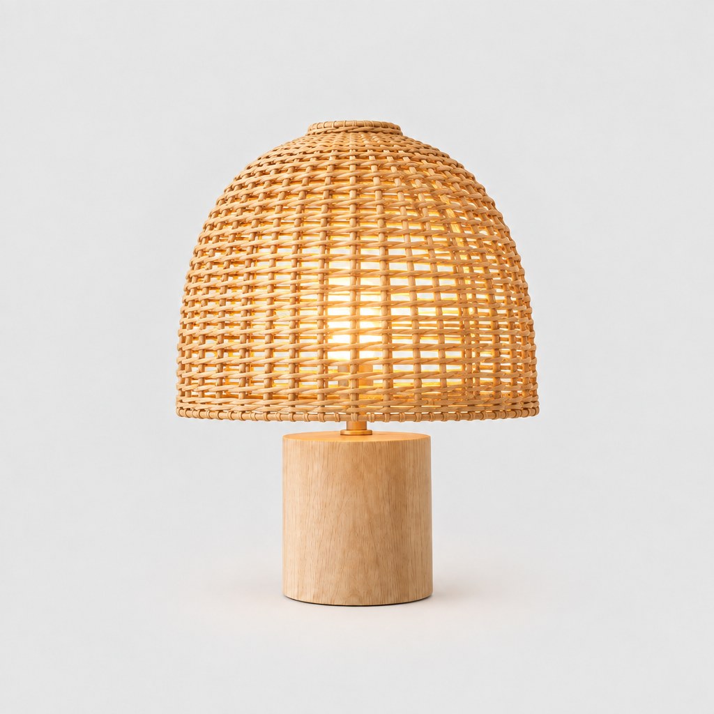 Noosa rattan table lamp switched on, three quarter view